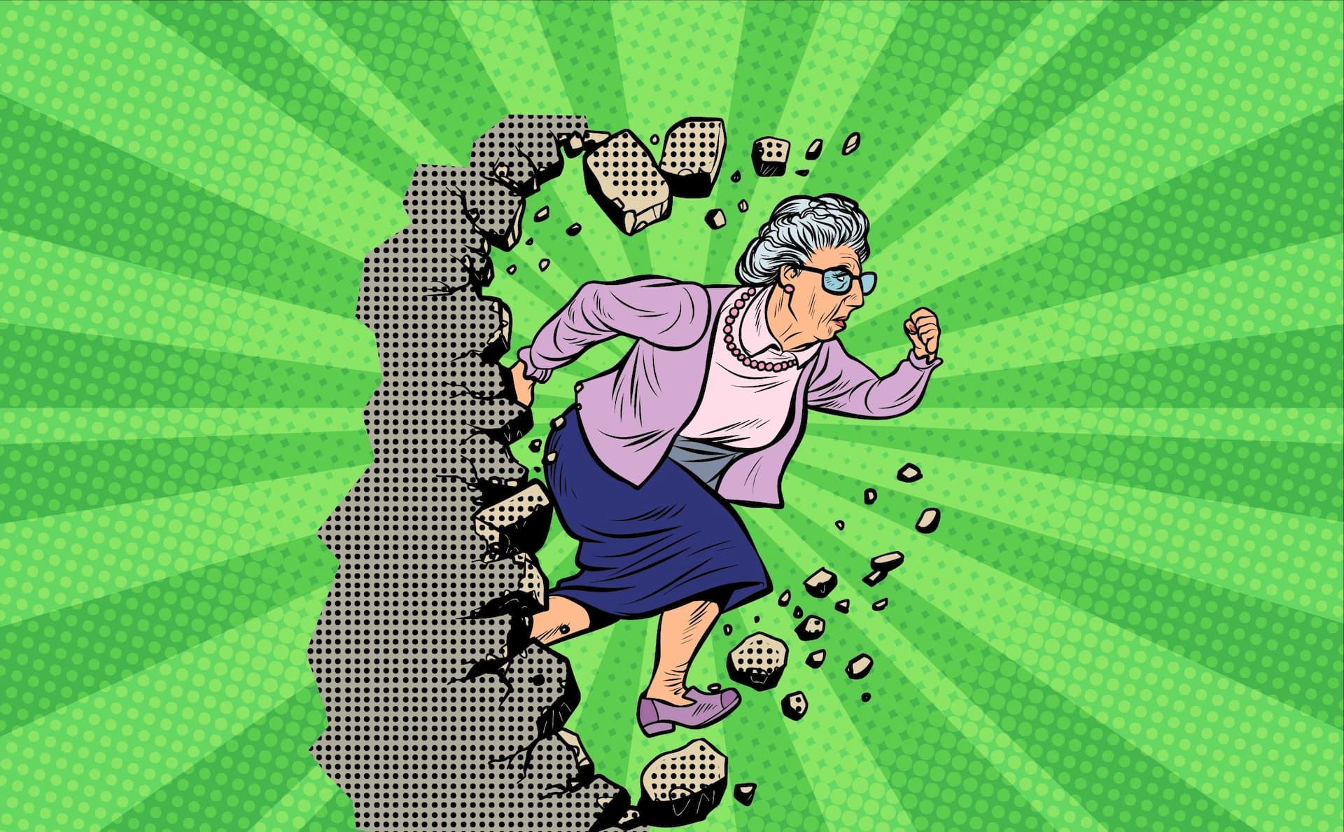 elderly woman breaks through a stone wall