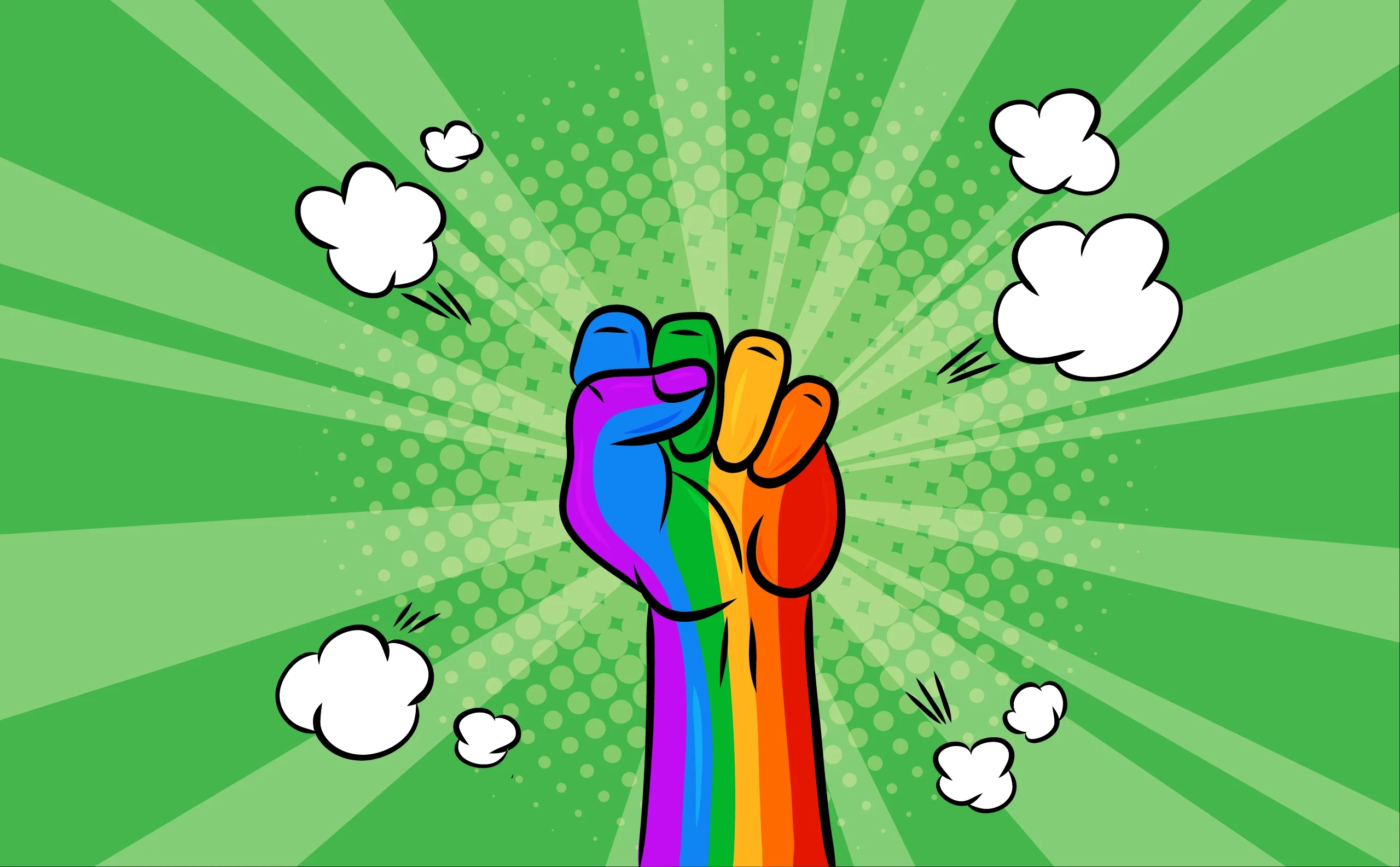raised fist painted in the colors of the LGBT flag