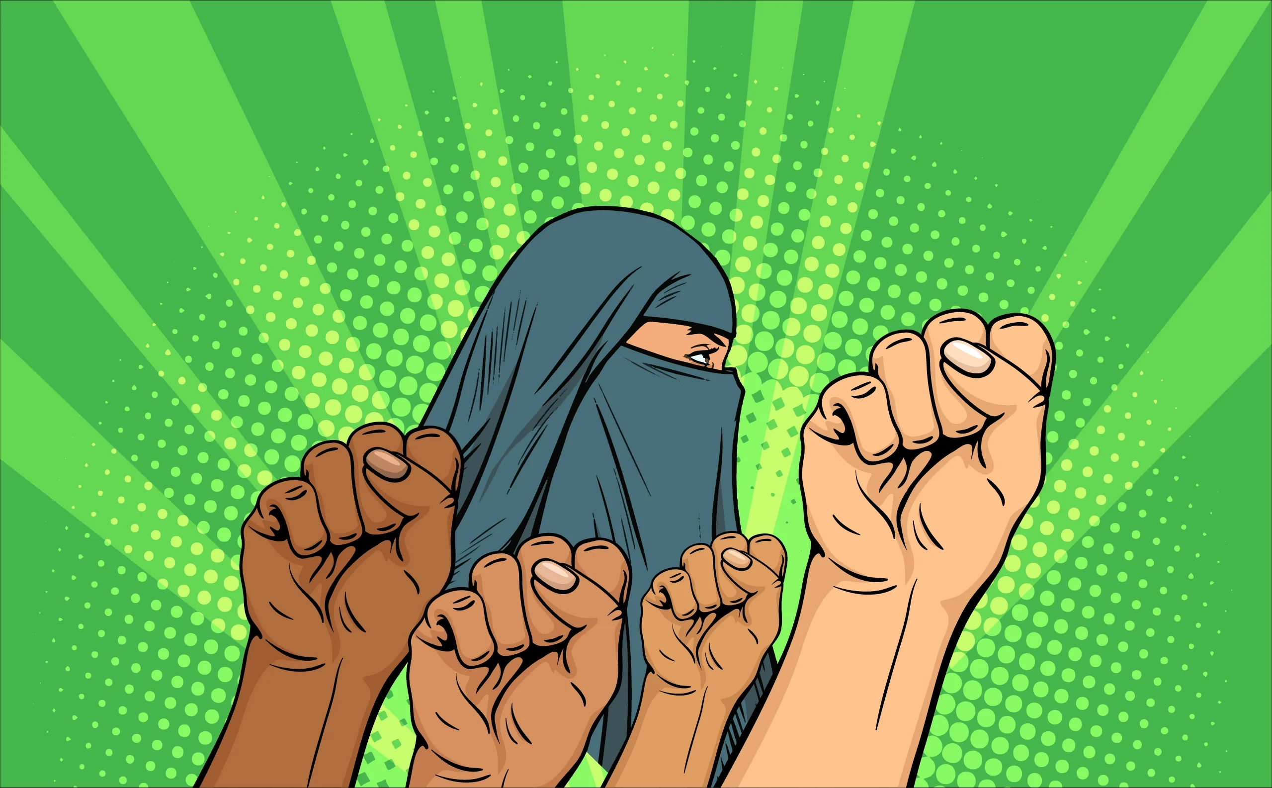 raised fists against the background of a woman in a hijab