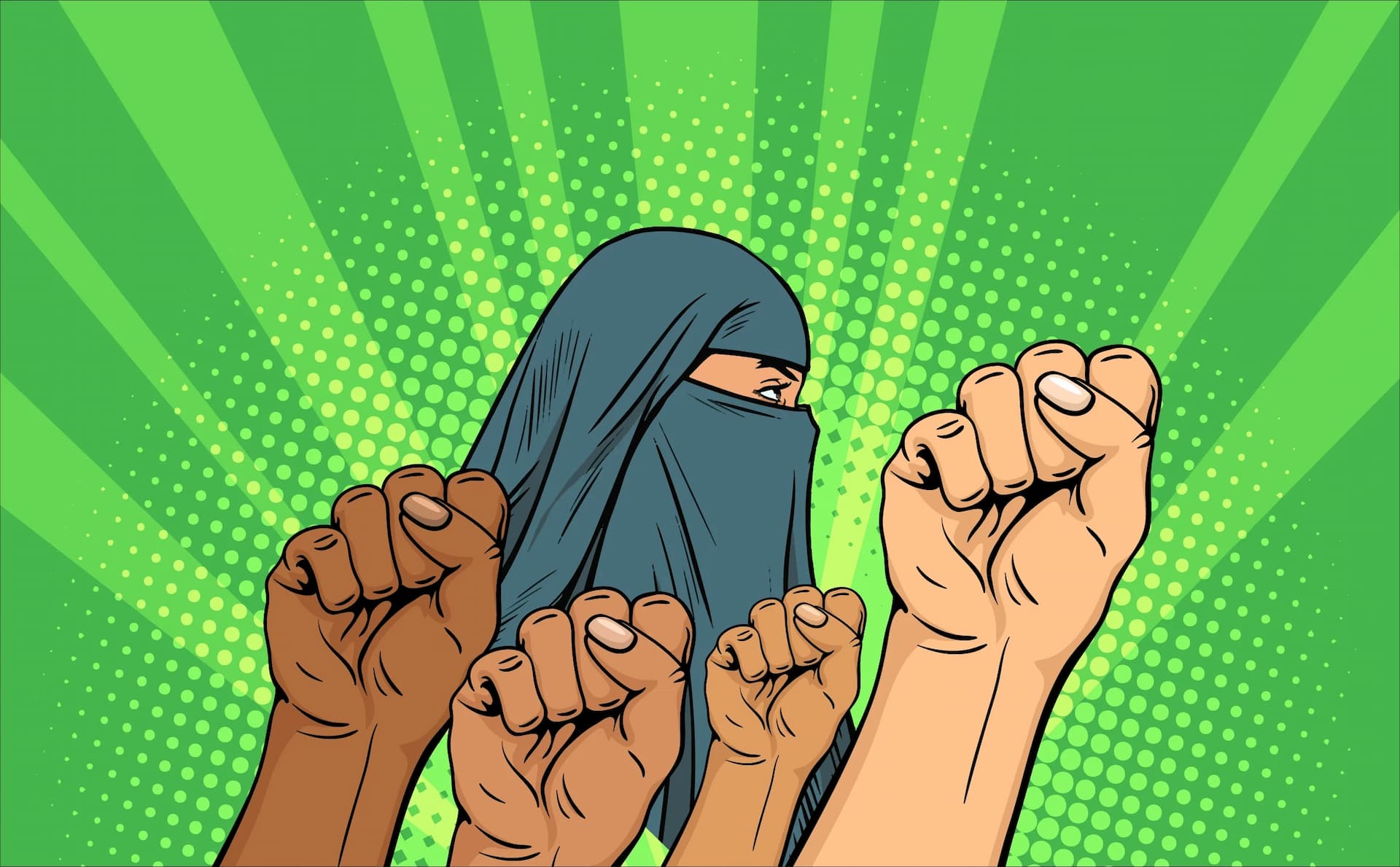 puños levantados contra el fondo de una mujer con un hijab