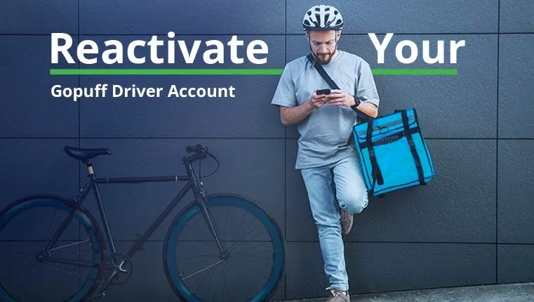 deliveryman trying to reactivate his gopuff account standing neat bicycle