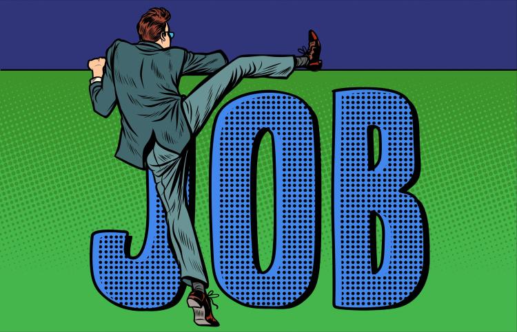 a man tries to climb over the "job" sign