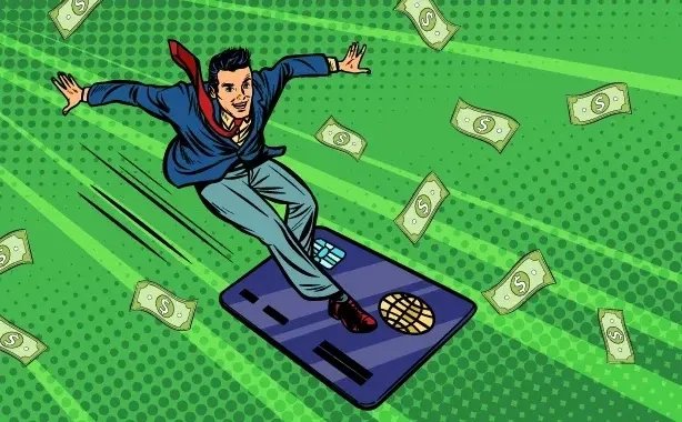 Comic: man surfing on a credit card