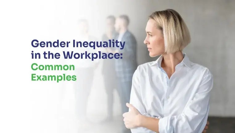 Gender Inequality Examples in the Workplace woman looking at the men on the background
