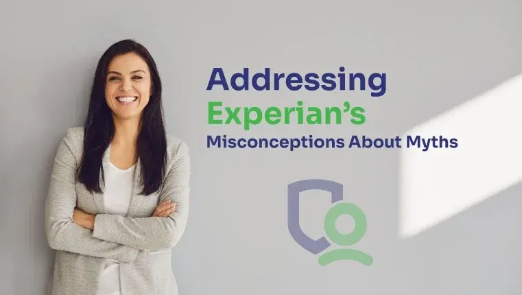 Experian's financial myths woman in beige suit leaning against wall
