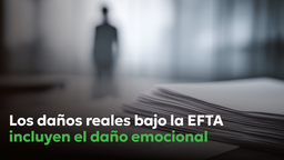 Silueta borrosa de una persona al fondo con una pila de documentos en primer plano, que simboliza registros legales y el reconocimiento del daño emocional como daño real bajo la Ley de Transferencias Electrónicas de Fondos (EFTA).