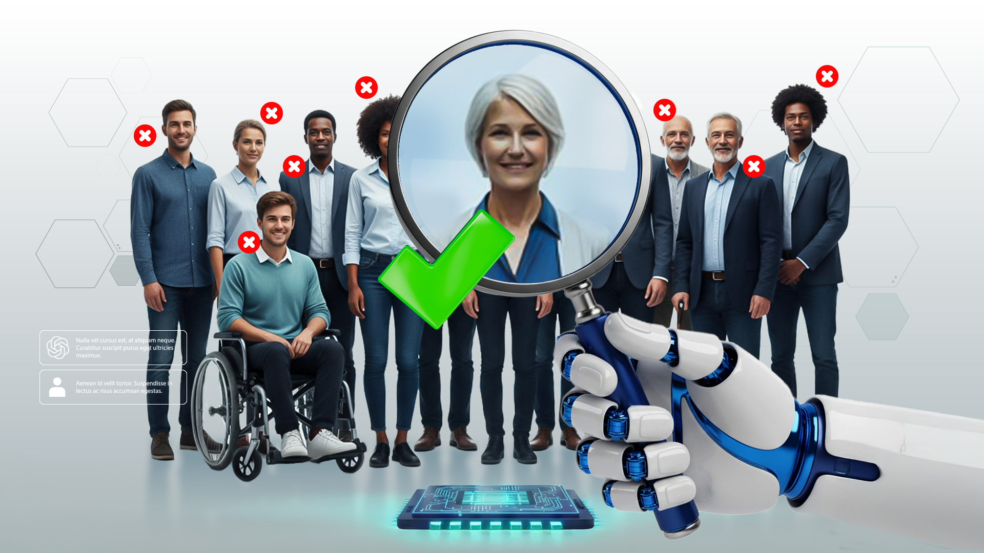Explore how AI-driven hiring tools can cause discriminatory background checks and learn best practices to comply with Title VII and ADA laws. Discover when to consult ConsumerAttorneys.com | Consumer Attorneys PLLC A bust of a person under a magnifying glass held by a robotic arm against a backdrop of a group of different people | Consumer Attorneys PLLC
