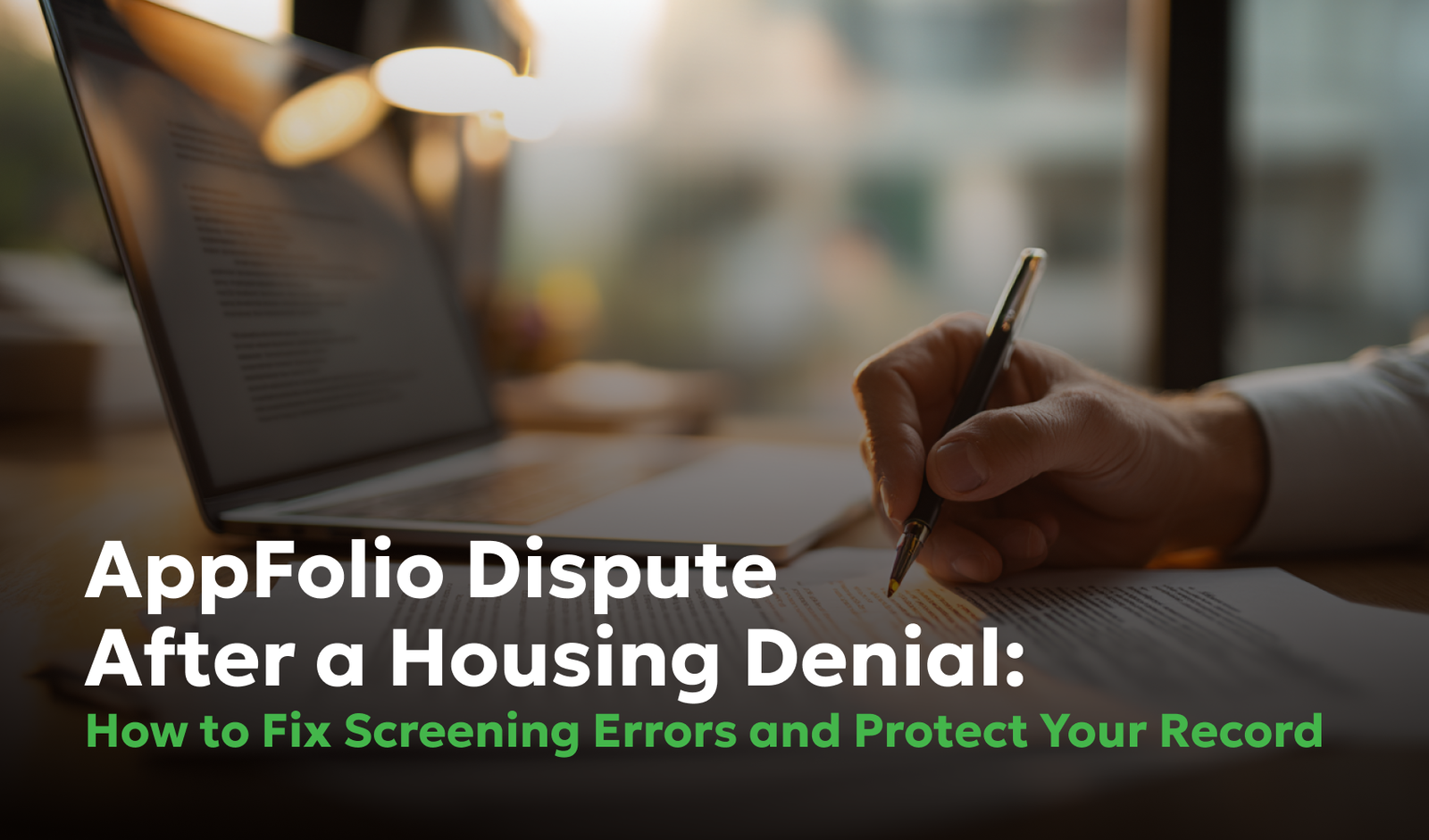 AppFolio Dispute: How to Fix Screening Errors After a Denied Application Person writing documents at a desk with a laptop, illustrating the process of disputing an AppFolio screening error after a housing denial.
