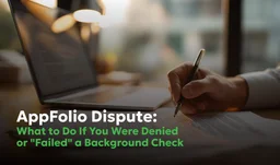 AppFolio Dispute: How to Fix Screening Errors After a Denied Application
Person reviewing documents and writing notes next to a laptop screen – AppFolio housing denial dispute and tenant screening error correction