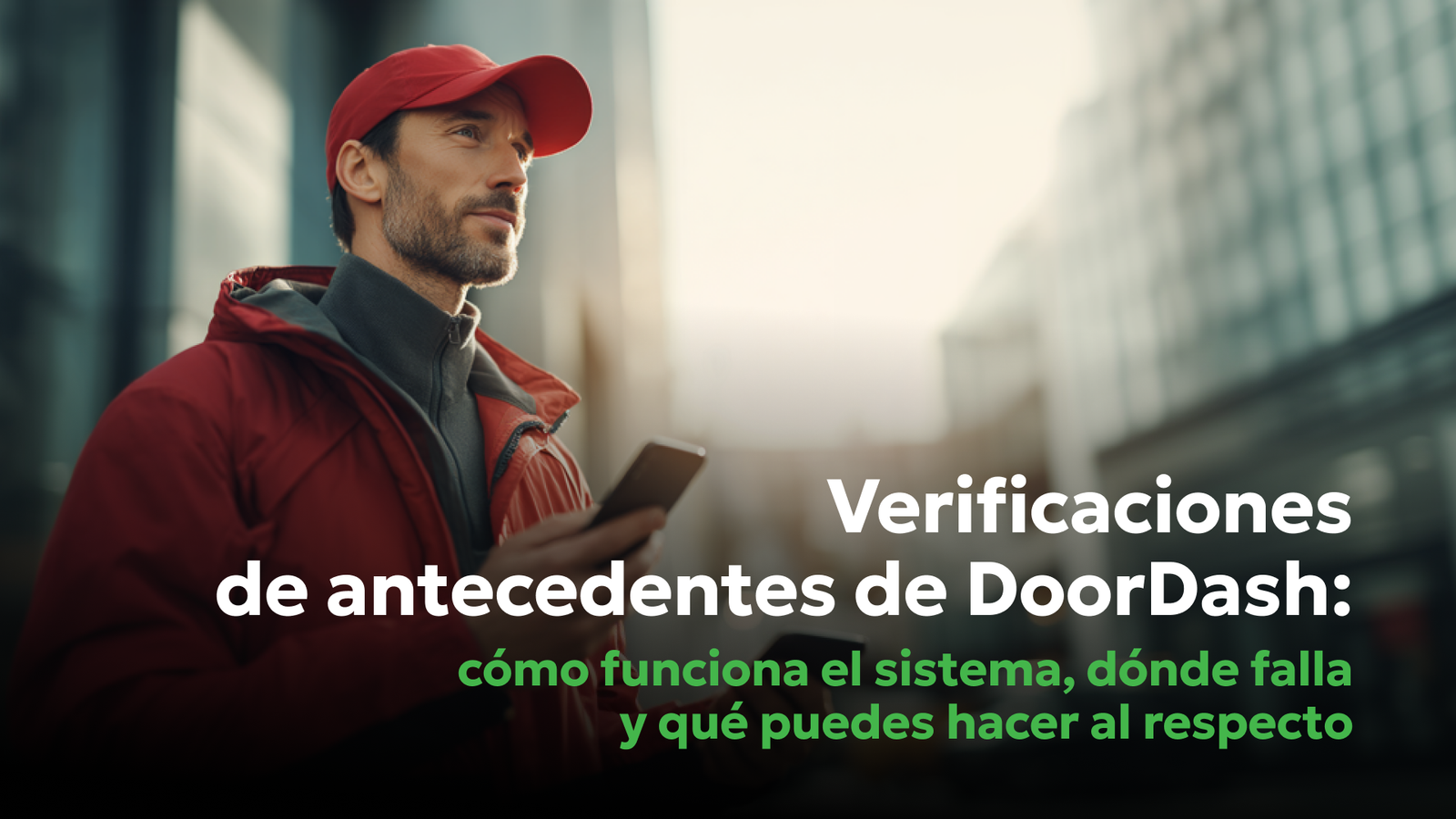 Verificación de antecedentes de DoorDash: estados, retrasos y errores | Consumer Attorneys PLLC DoorDash repartidor revisando su teléfono móvil durante una verificación de antecedentes, con texto sobre cómo funciona el sistema, dónde falla y qué pueden hacer los conductores.