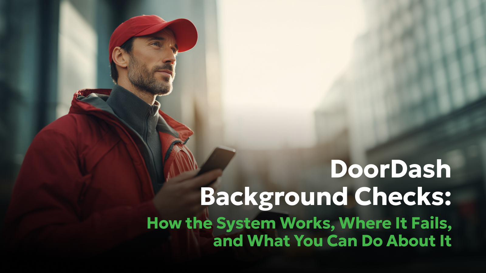 DoorDash delivery driver holding a phone during a background check process, with text explaining how the system works, where it fails, and what drivers can do.