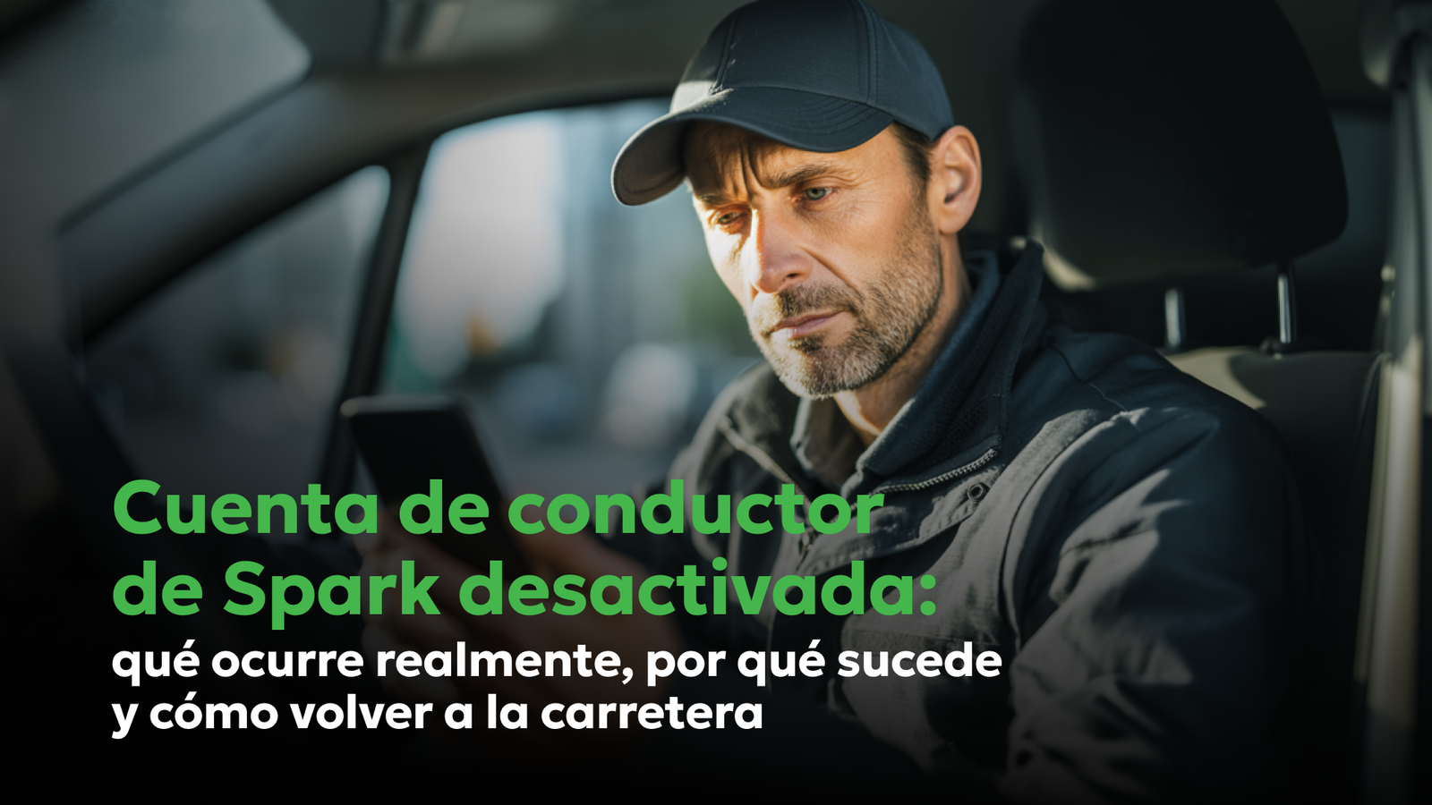 Verificación de antecedentes de Spark: tiempos, retrasos y desactivaciones | Consumer Attorneys PLLC Conductor de Spark sentado en su auto mirando el teléfono tras la desactivación de su cuenta por un error en la verificación de antecedentes, mostrando pérdida de ingresos y cómo volver a trabajar