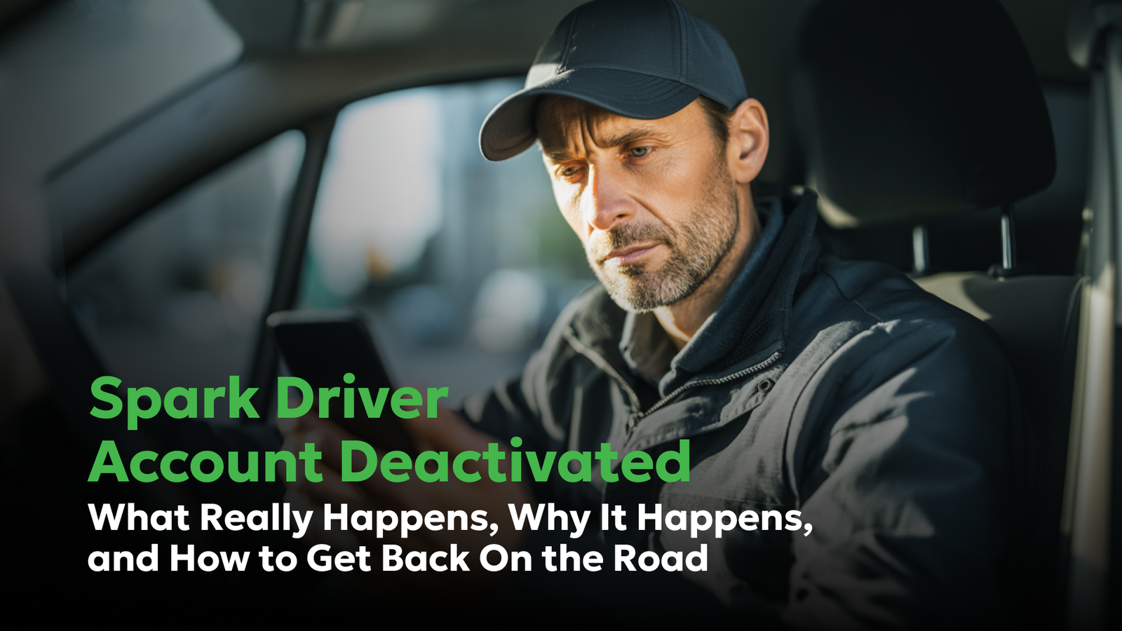 Spark driver sitting in his car looking at phone after account deactivation due to background check error, representing lost gig work income and how to get back on the road.