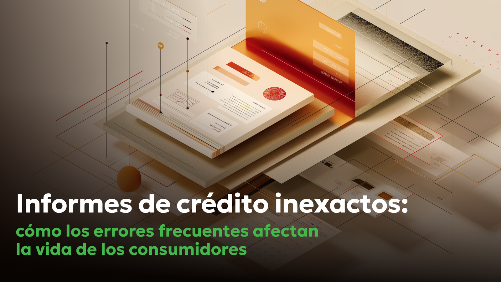 Ilustración abstracta de una interfaz de informe de crédito con paneles de datos y gráficos, que muestra cómo se recopila y analiza la información crediticia y cómo las inexactitudes afectan a los consumidores.