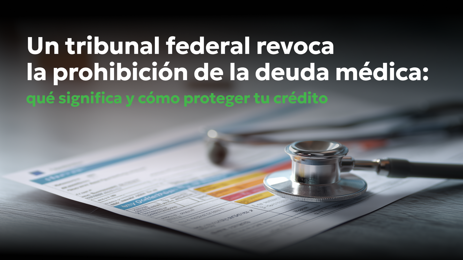 Fallo de un tribunal federal sobre la deuda médica en informes crediticios, con un estetoscopio sobre un reporte de crédito.