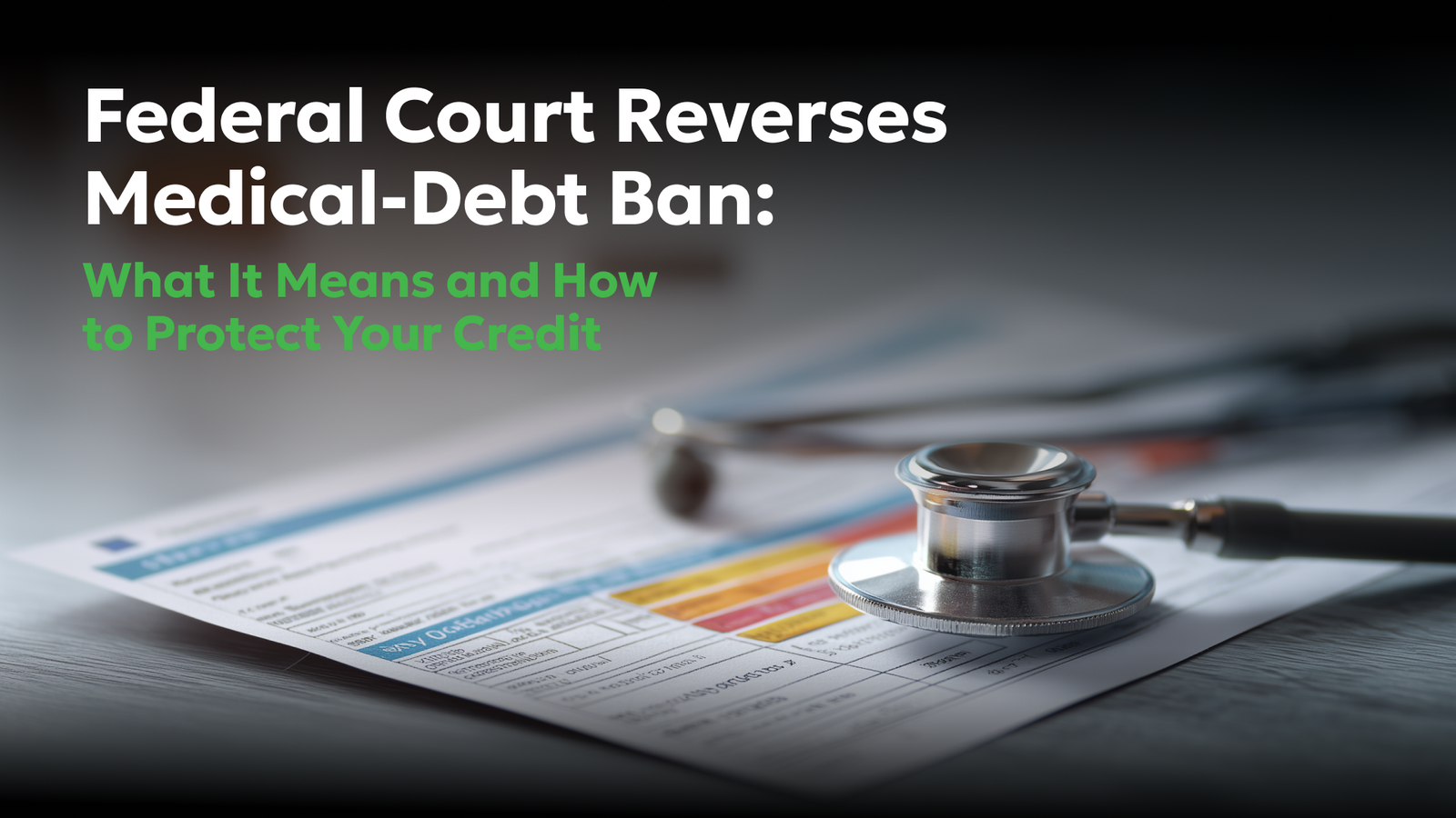 Federal court ruling on medical debt credit reporting, with stethoscope resting on a credit report showing how medical collections affect credit scores.