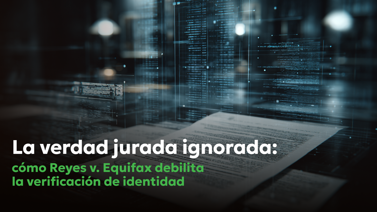 Visualización digital abstracta de documentos legales y flujos de datos que representa la verificación de identidad y el funcionamiento de los sistemas de informes del consumidor bajo la FCRA.