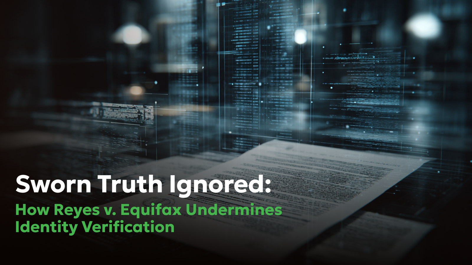 Sworn Truth Ignored: Reyes v. Equifax & Identity Theft | Consumer Attorneys PLLC Abstract digital visualization of legal documents and data streams, illustrating how sworn identity theft statements interact with consumer reporting systems under the Fair Credit Reporting Act.