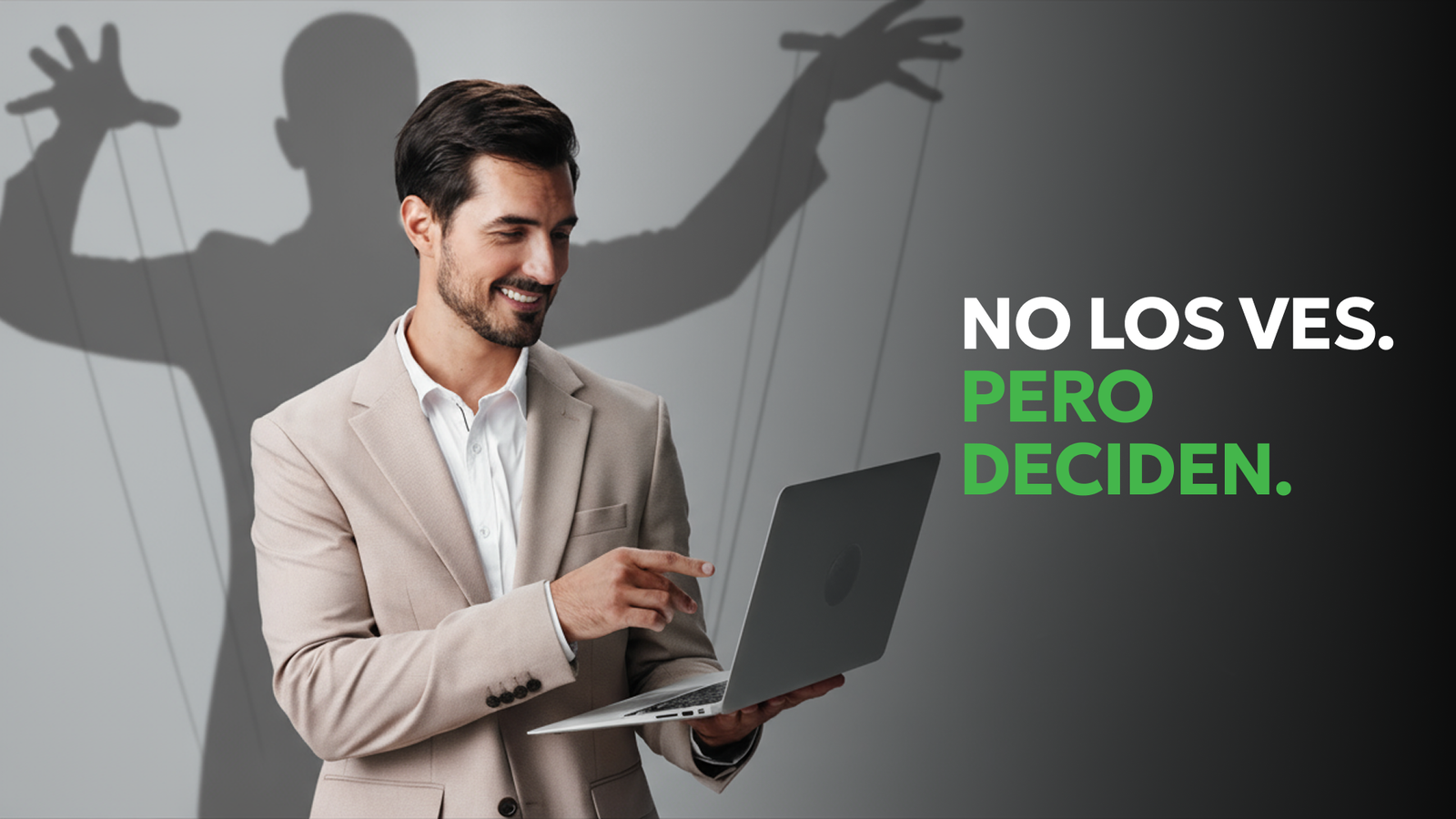 Errores en los Informes de LexisNexis: Riesgos Ocultos en Empleo, Vivienda y Seguros | Consumer Attorneys PLLC Hombre frente a un portátil con sombra de titiritero, simbolizando los errores en las verificaciones de antecedentes de LexisNexis. Consumer Attorneys ayuda a corregir errores que afectan empleo, vivienda y seguros.