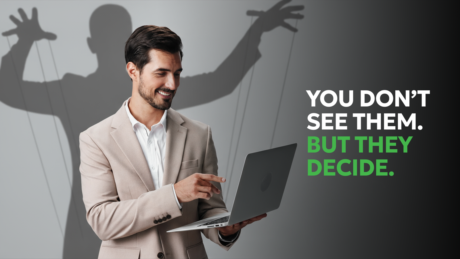 LexisNexis Report Errors: Hidden Risks in Jobs, Housing & Insurance | Consumer Attorneys PLLC Man at laptop with puppet-master shadow, symbolizing LexisNexis background check errors. Consumer Attorneys help fix mistakes affecting jobs, housing, and insurance.