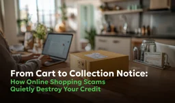 Online Shopping Scam Credit Damage, FCRA & FDCPA Rights After Fraud - Consumer Attorneys PLLC Online shopping scam leading to credit damage -unopened package on table next to laptop showing purchase confirmation, illustrating how fraud disputes can turn into collection accounts under the Fair Credit Reporting Act (FCRA) | Consumer Attorneys PLLC