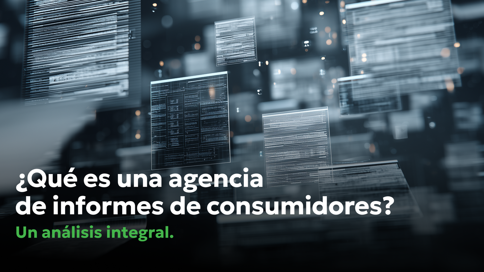 ¿Qué es una agencia de informes del consumidor? | Análisis legal de la FCRA – Consumer Attorneys PLLC Paneles digitales abstractos que representan flujos de datos e información, ilustrando el concepto de las agencias de informes del consumidor y cómo la información del consumidor se recopila y analiza conforme a la FCRA.