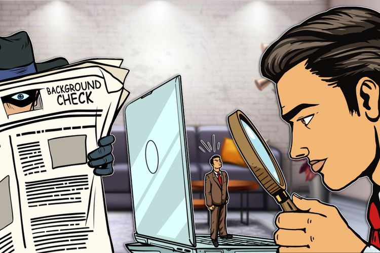 a man looks through a magnifying glass at a small man standing on a laptop