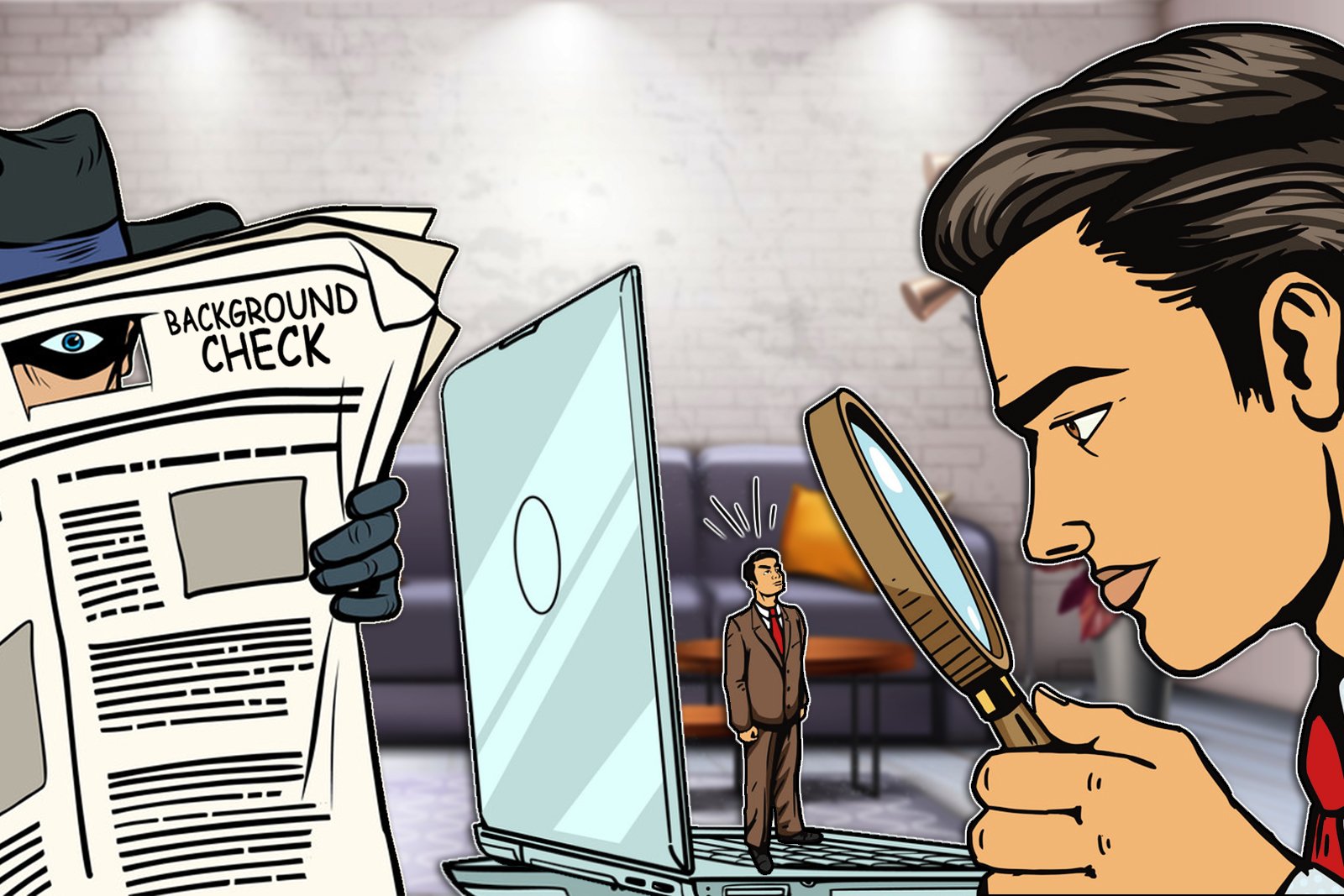 un hombre mira a través de una lupa a un hombre pequeño que está de pie sobre una computadora portátil