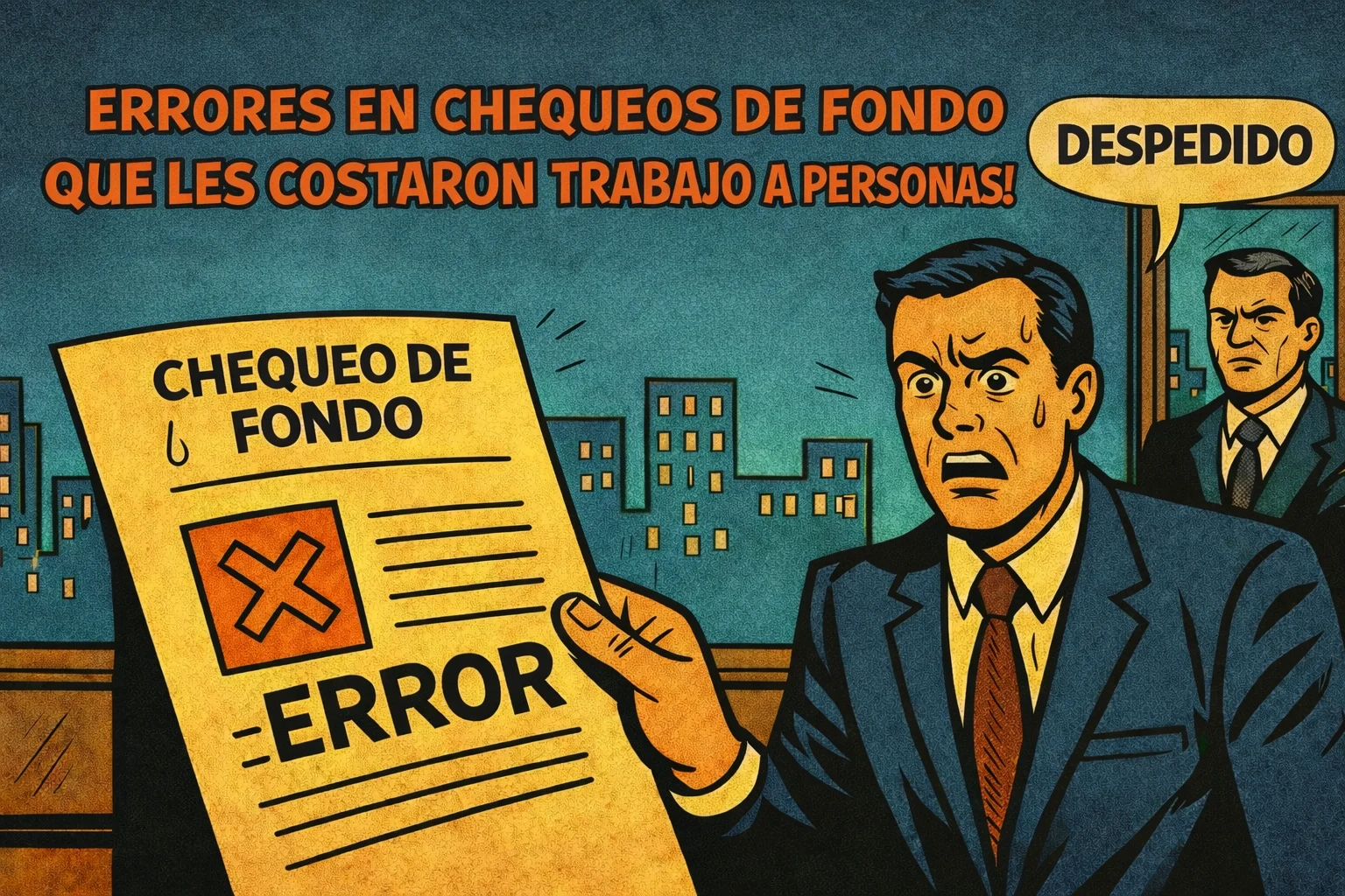 Abogados especializados en errores en la verificación de antecedentes laborales un hombre sostiene un periódico y sobre él está escrito: Errores en informes de antecedentes que le cuestan el trabajo a las personas