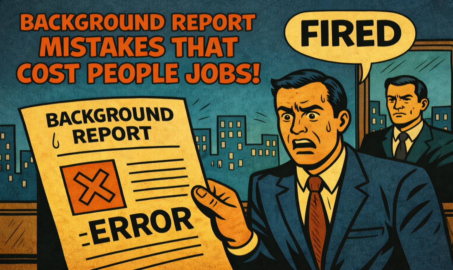 Employee Background Check Error Lawyer a man holds a newspaper and above them is written: backgroundground report mistakes that cost people jobs