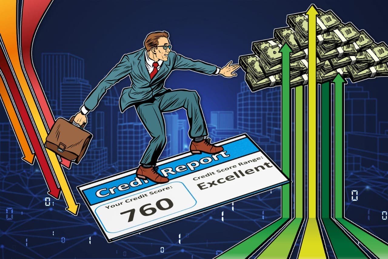 Attorney for Credit Report a man flies on a credit report to a mountain of money