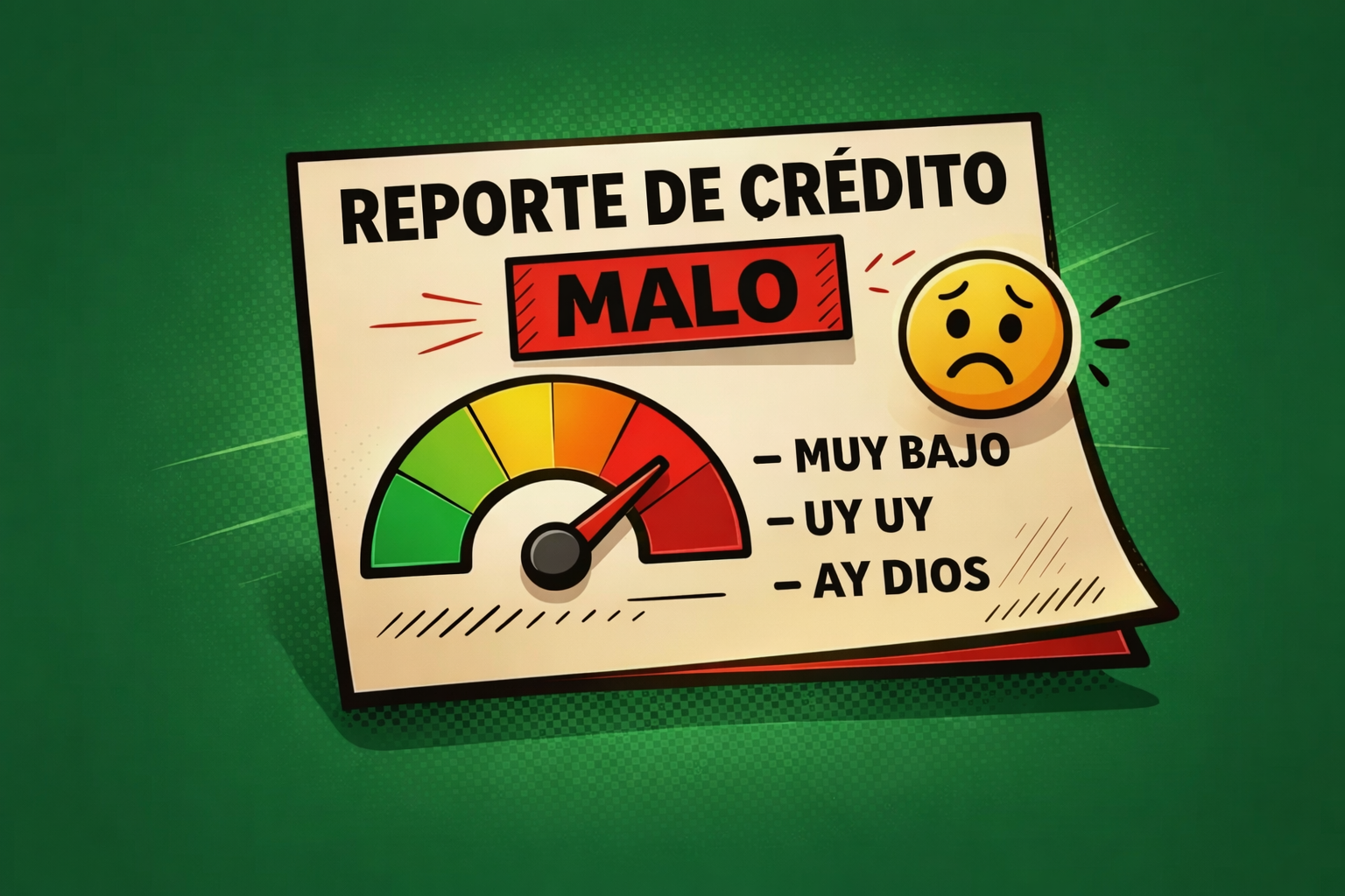 Información inexacta en el informe crediticio papel de informe de crédito malo y emoji triste