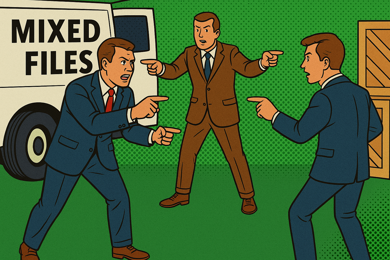 three men pointing fingers at each other