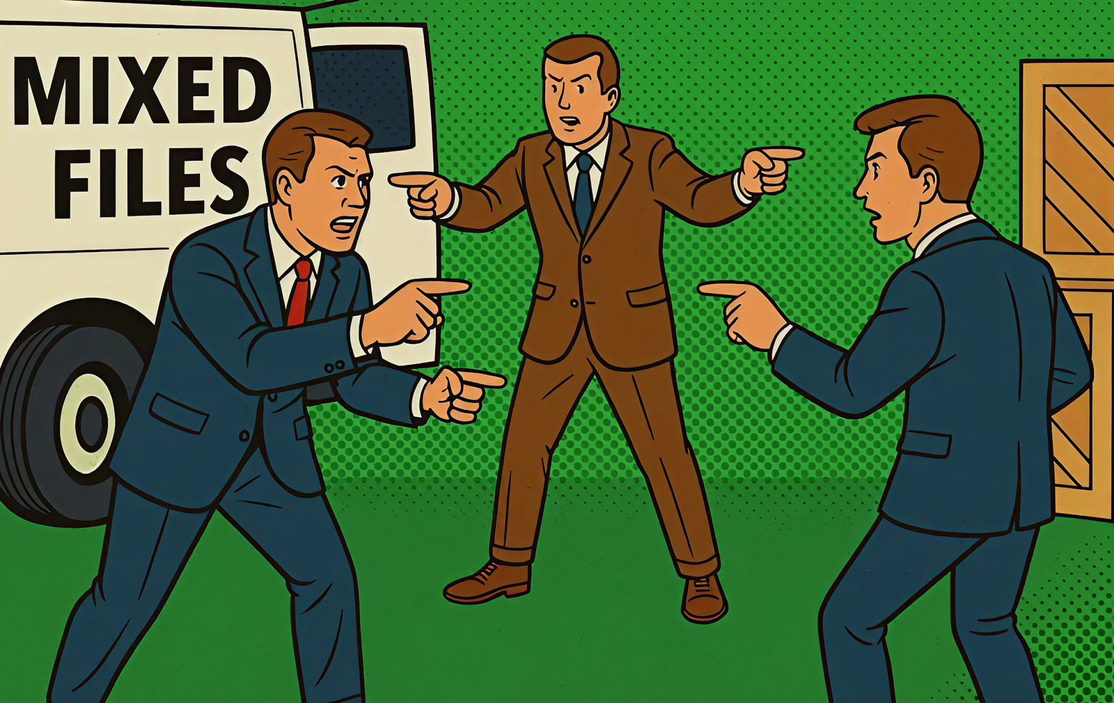 Mixed Credit Reports three men pointing fingers at each other